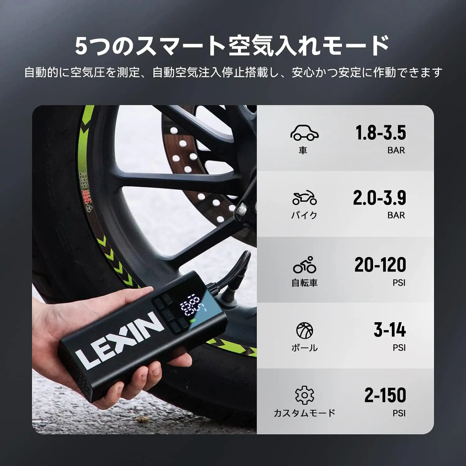 バイク用電動空気入れ LEXIN Smart Pump P5 | 正規輸入発売元モータリスト